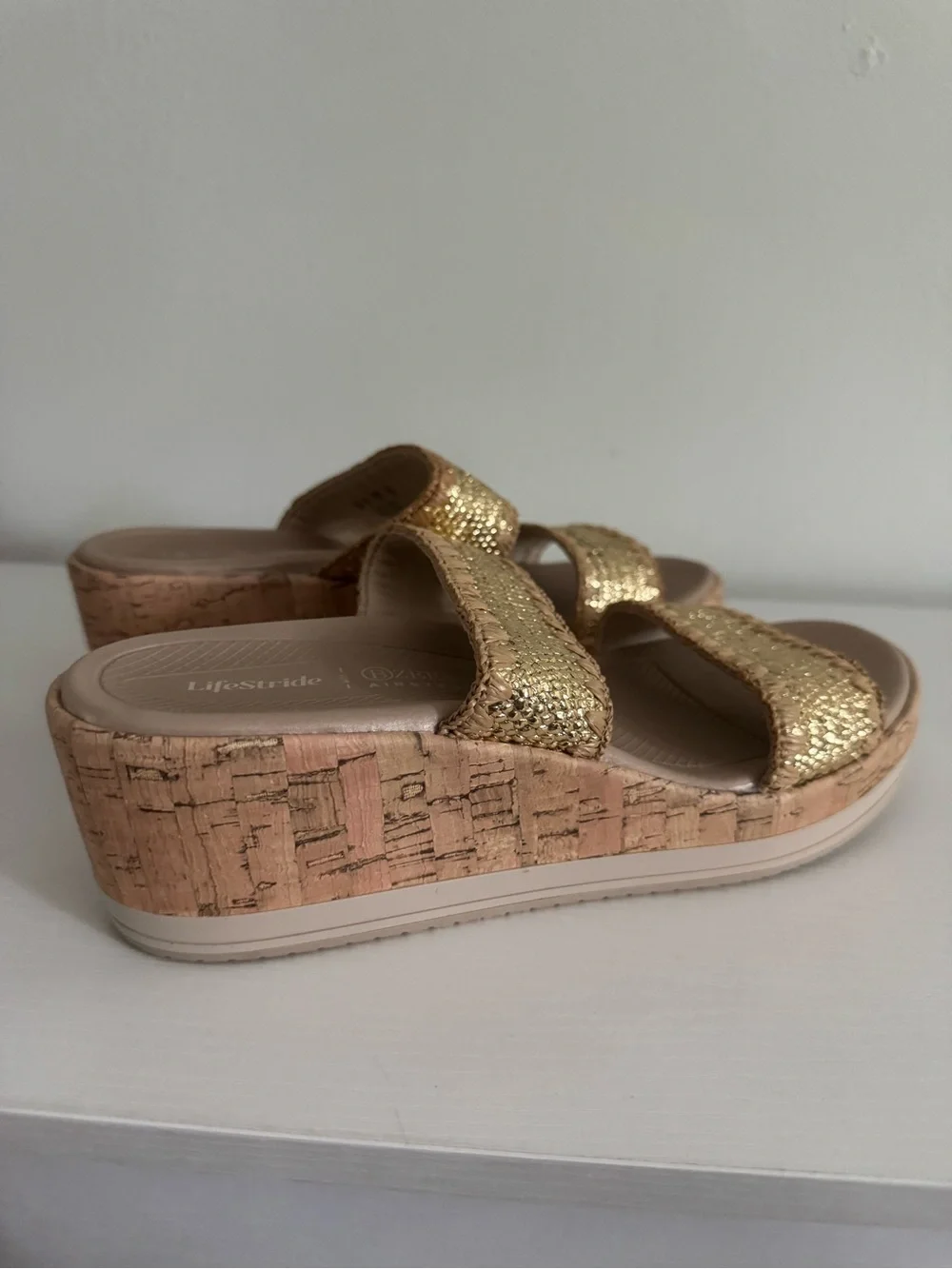 Life Stride Gold Metallic Cork Wedge Slide Sandals
